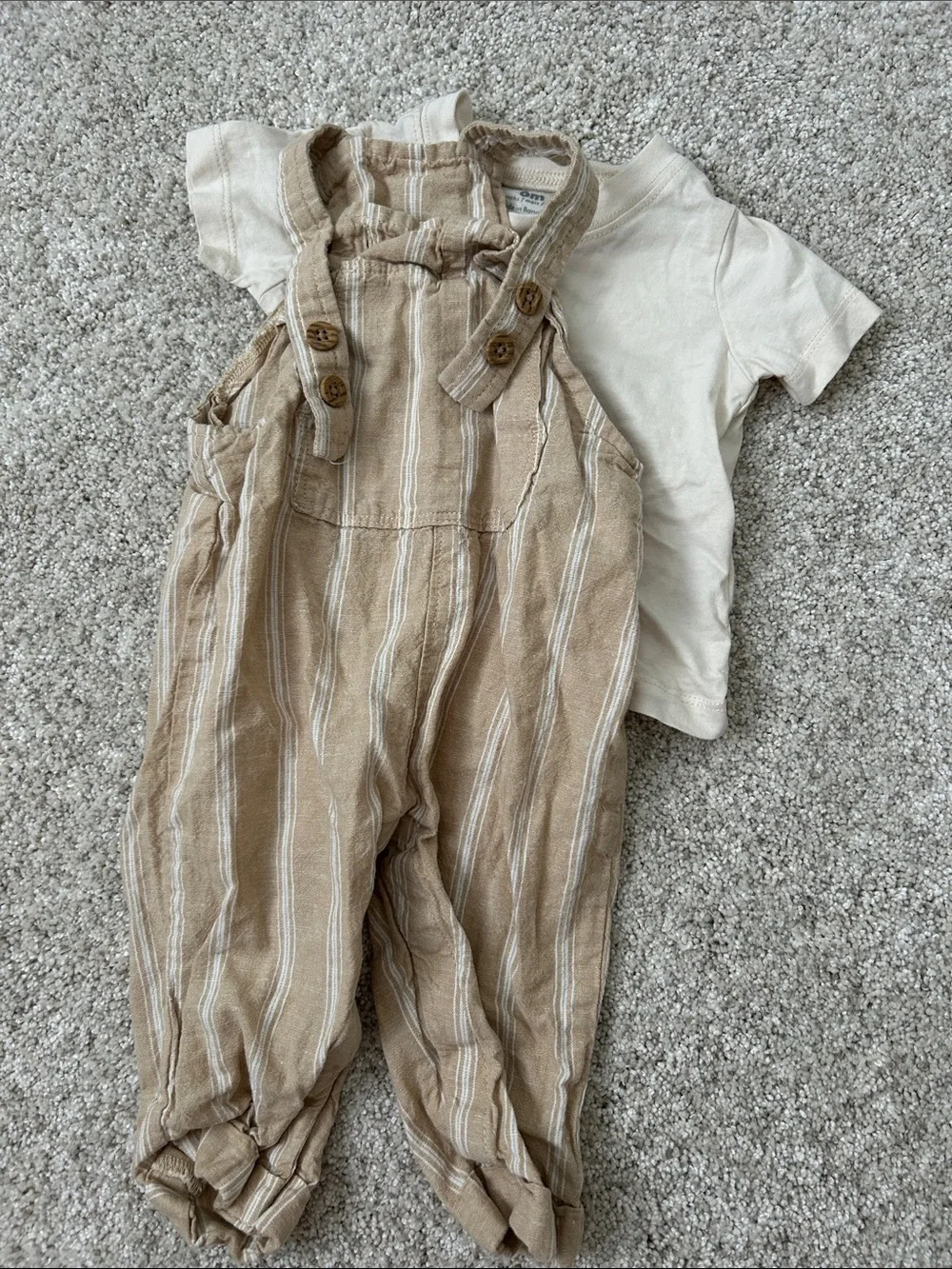 Carter's Tan & Cream Striped Overalls with Cream Tee
